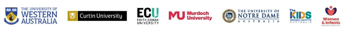 Logos of the Raine Study partner organisations: The University of Western Australia, Curtin University, Edith Cowan University, Murdoch University, The University of Notre Dame Australia, The Kids Research Institute Australia, and Women & Infants Research Foundation