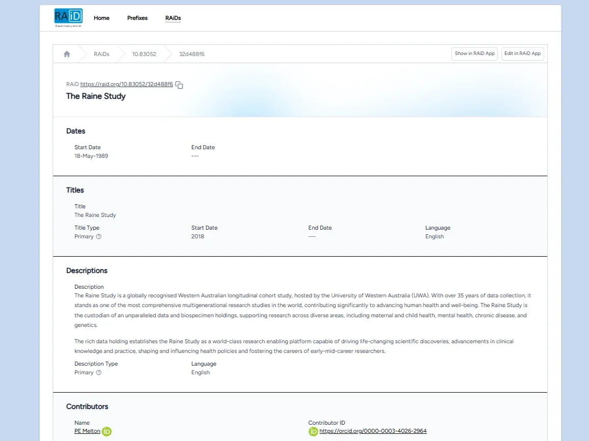 Screenshot of the RAiD landing page for the Raine Study, showing its start date, title, description, and contributor list